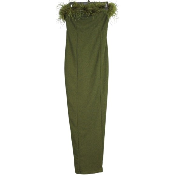 Windsor Medium Olive Green Monica Formal Dress Feather Trim Strapless Split Long - Picture 5 of 16